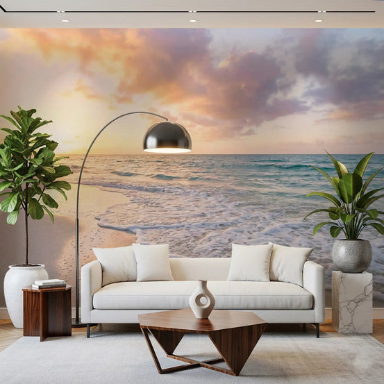 Highlighting Coastal Serenity Sunset shoreline mural office room