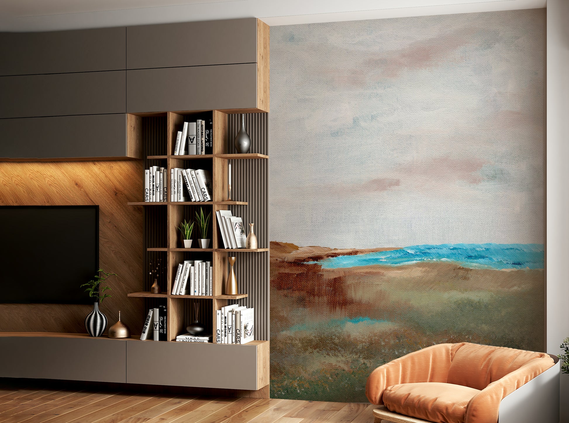 Seaside landscape wall mural in soft coastal tones

