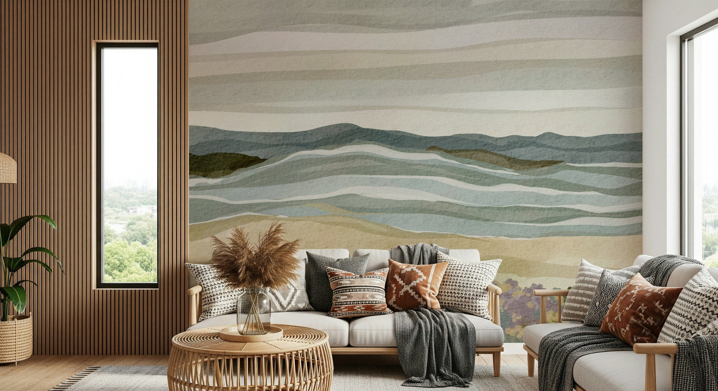 Nature inspired wall covering named Coastal Serenity with grassy sand banks.
