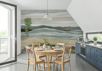 Abstract wall mural featuring Coastal Serenity design with purple wildflower foreground.