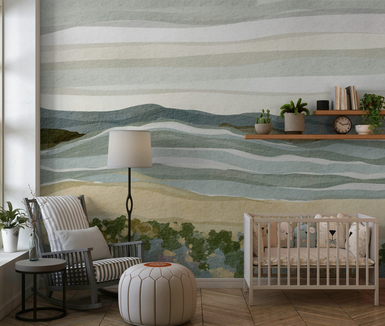 Coastal Serenity wallpaper depicting calm grey ocean waves hitting sandy shore.