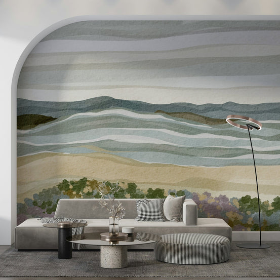 Peaceful Coastal Serenity backdrop displaying cool tones of sea and sky.