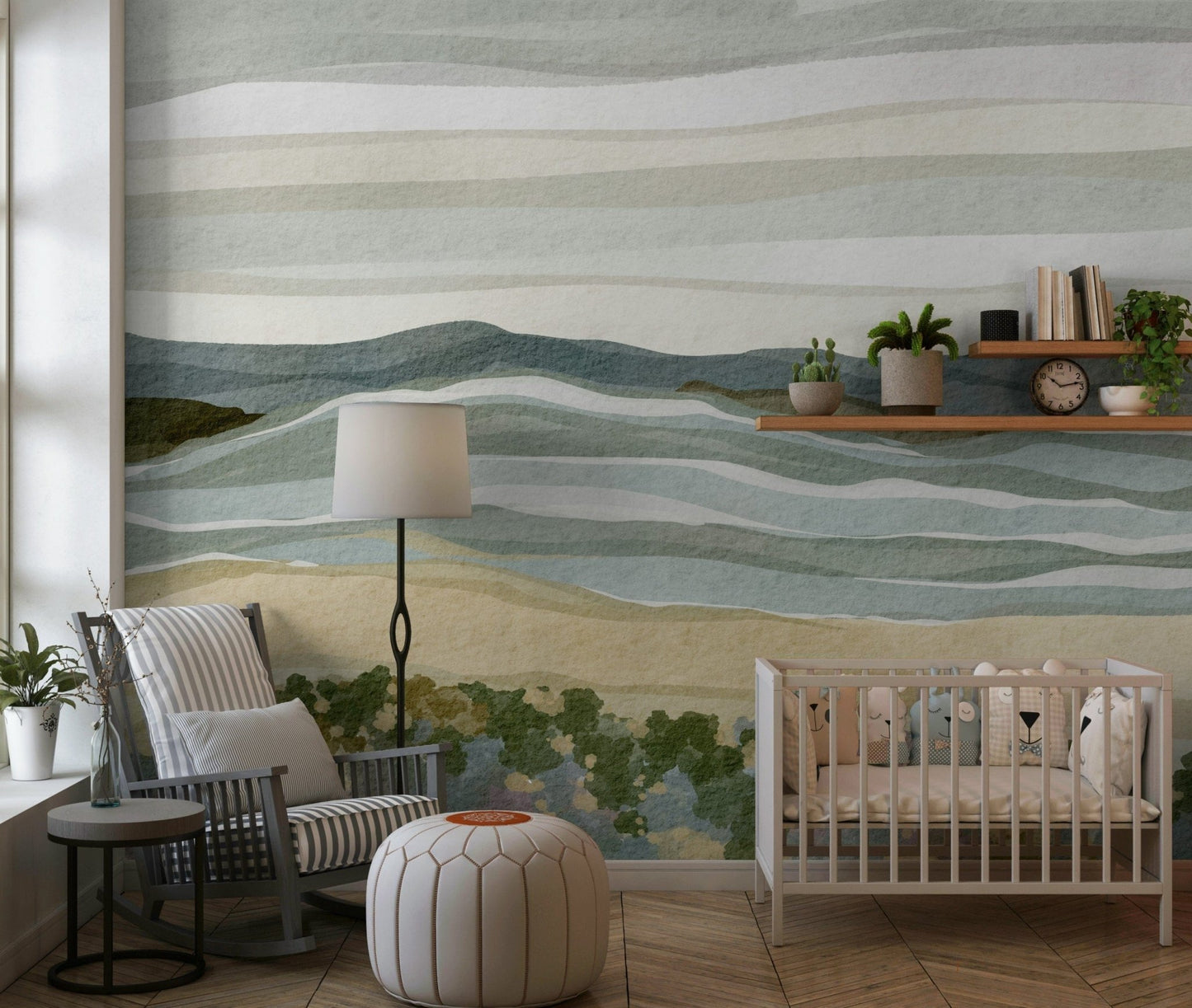 Coastal Serenity wallpaper depicting calm grey ocean waves hitting sandy shore.