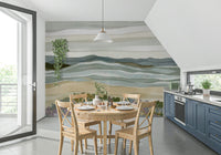 Abstract wall mural featuring Coastal Serenity design with purple wildflower foreground.