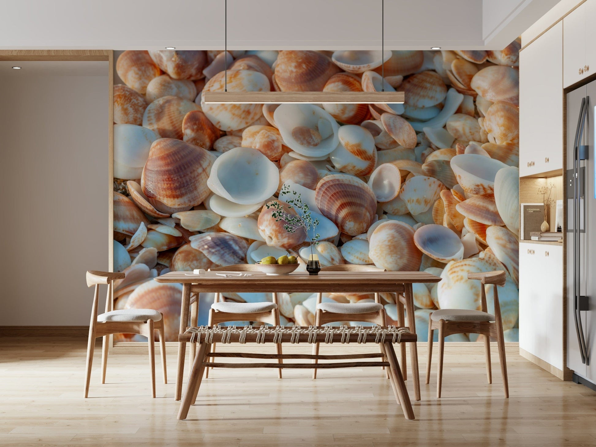 Assorted Coastal clam shells neutral tone wallpaper print.