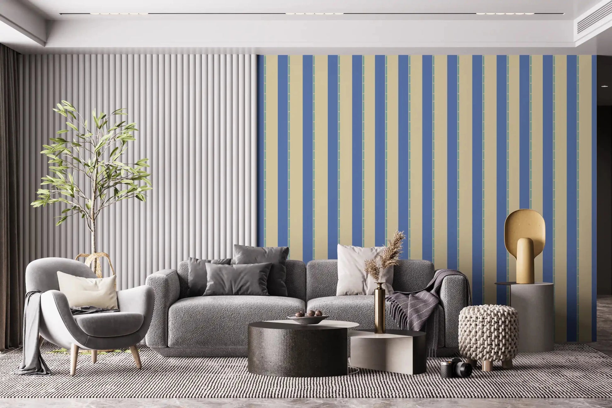 Coastal Stripes living room Wallpaper with blue and cream vertical lines for a clean look.