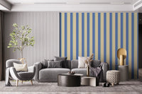 Coastal Stripes living room Wallpaper with blue and cream vertical lines for a clean look.