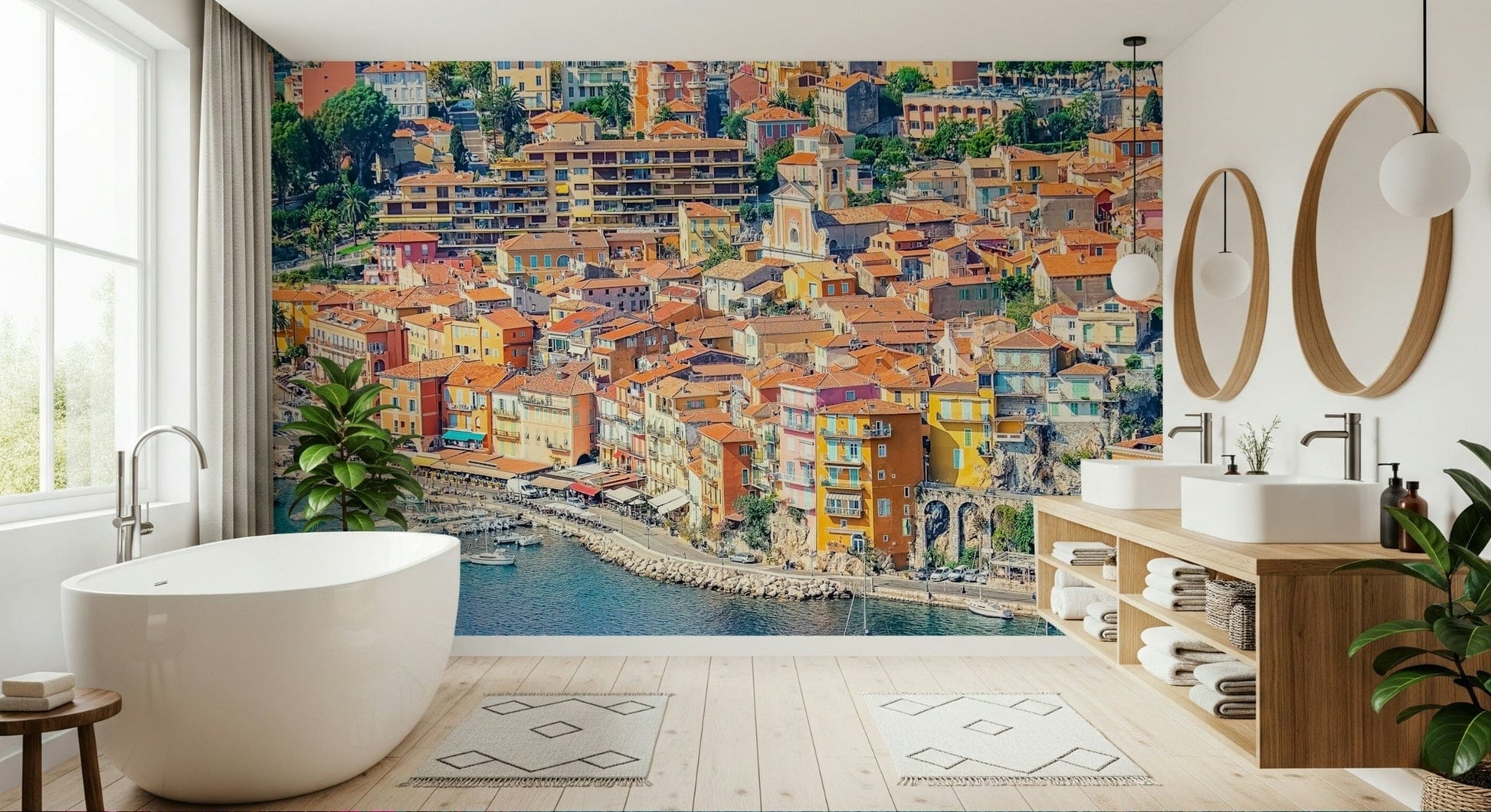 Coastal Village View wall mural picturesque landscape decor.