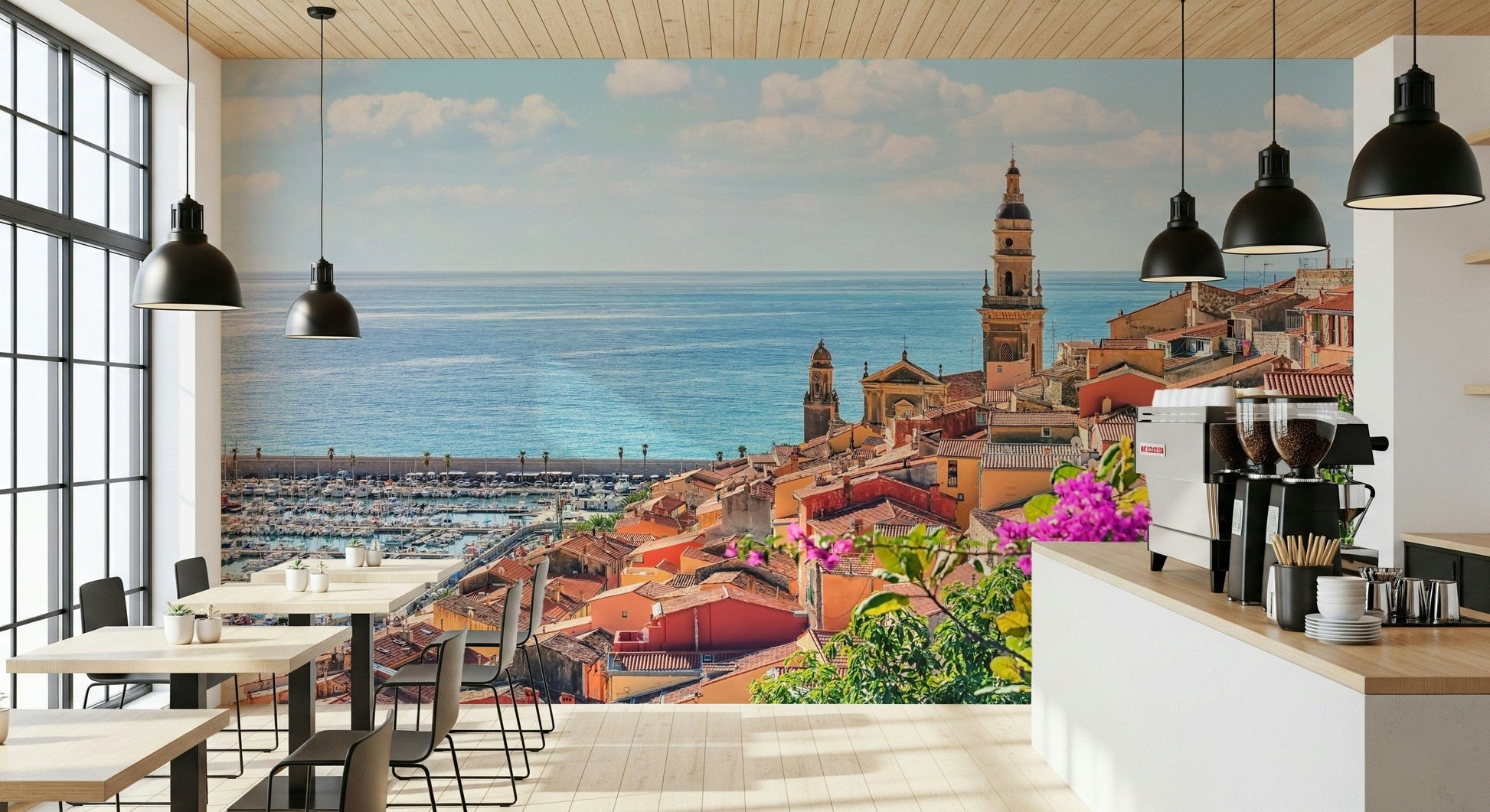 Scenic Mediterranean Village wallpaper for walls with harbor views.