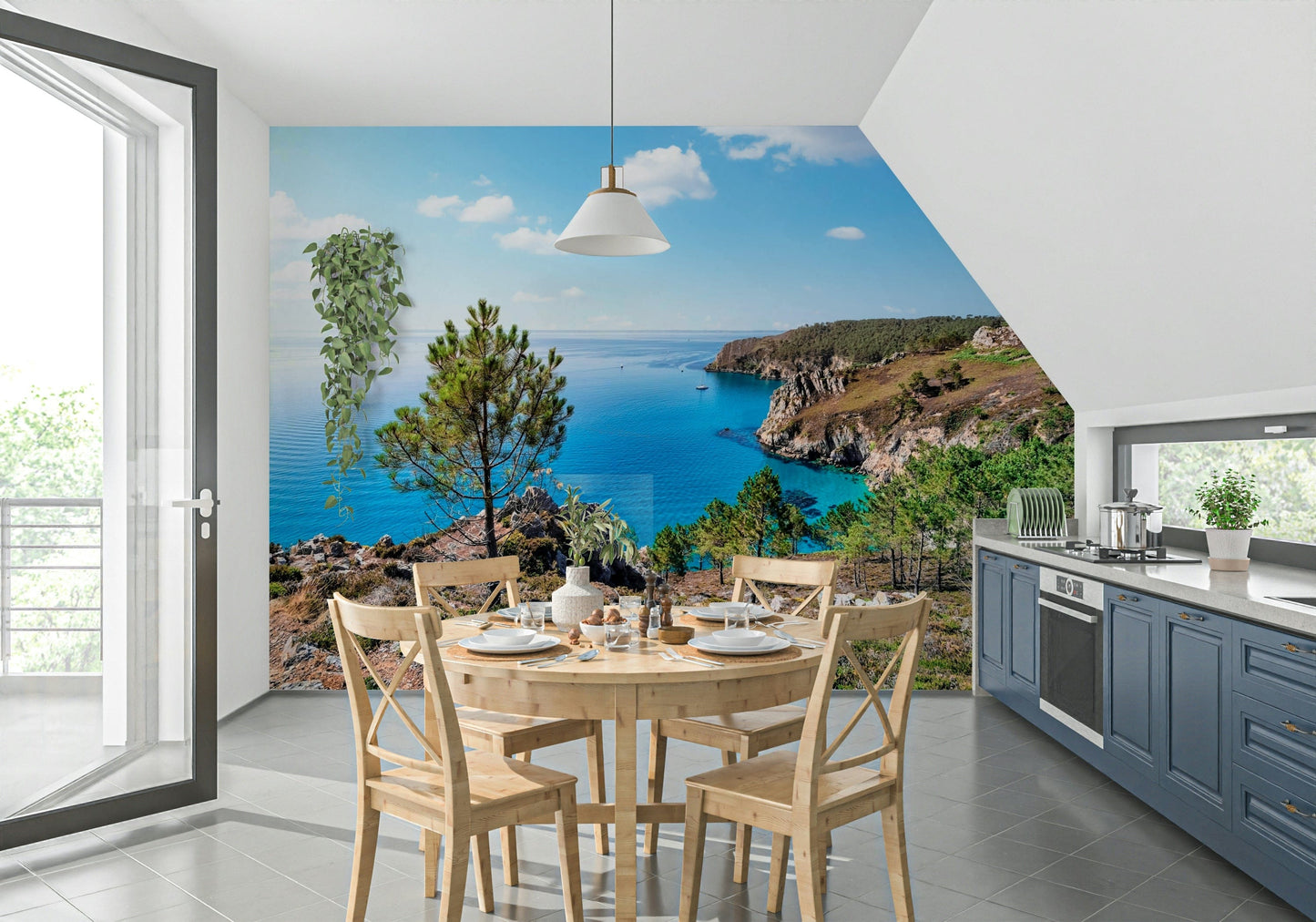 Green color coastal mural with sea wallpaper expanse and gentle mountain wallpaper silhouettes