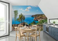 Green color coastal mural with sea wallpaper expanse and gentle mountain wallpaper silhouettes