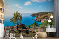 Sea wallpaper panorama mural with green color fields and misty mountain wallpaper layer