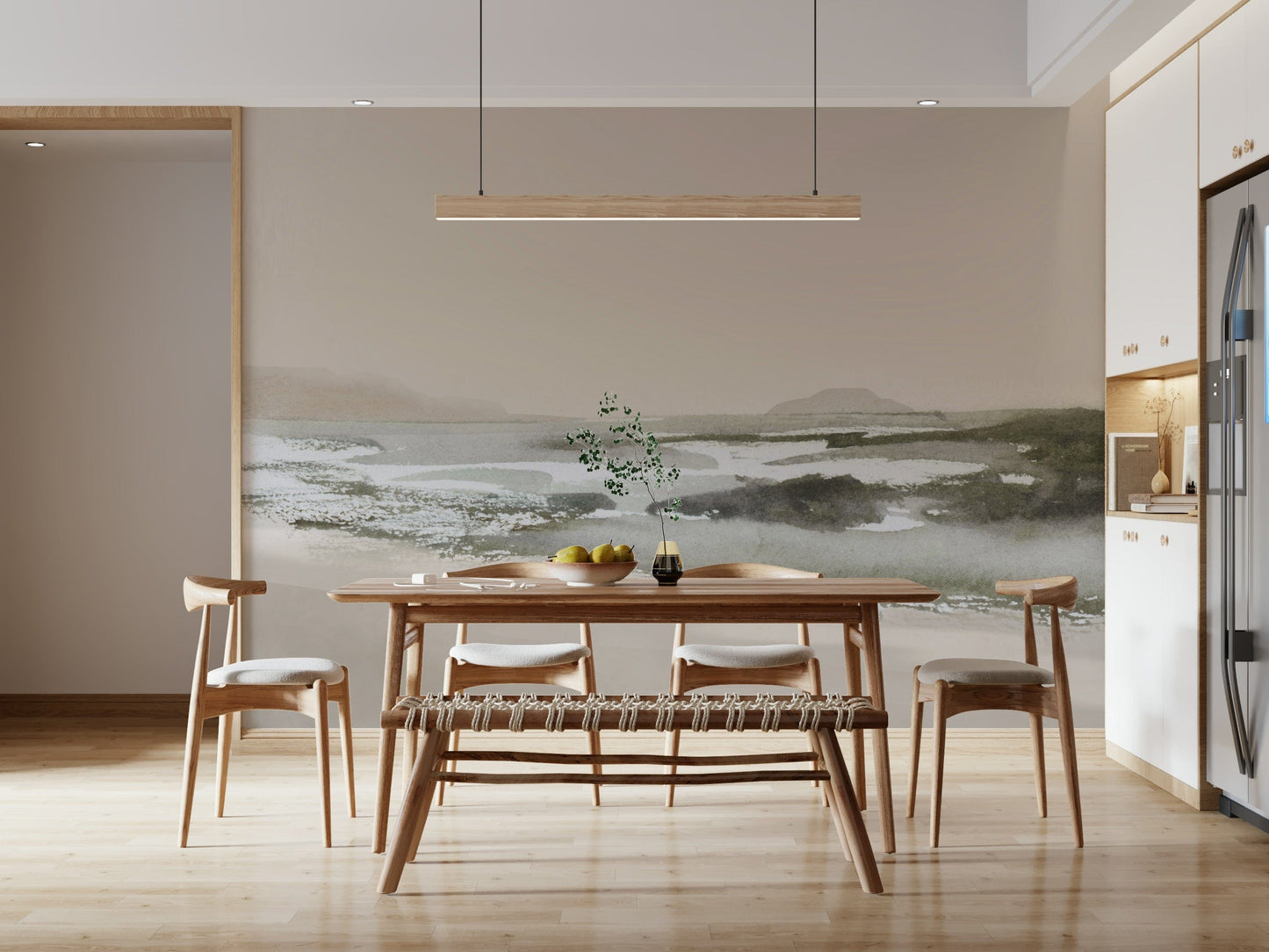 A peaceful modern abstract mural on decorative wallpaper.