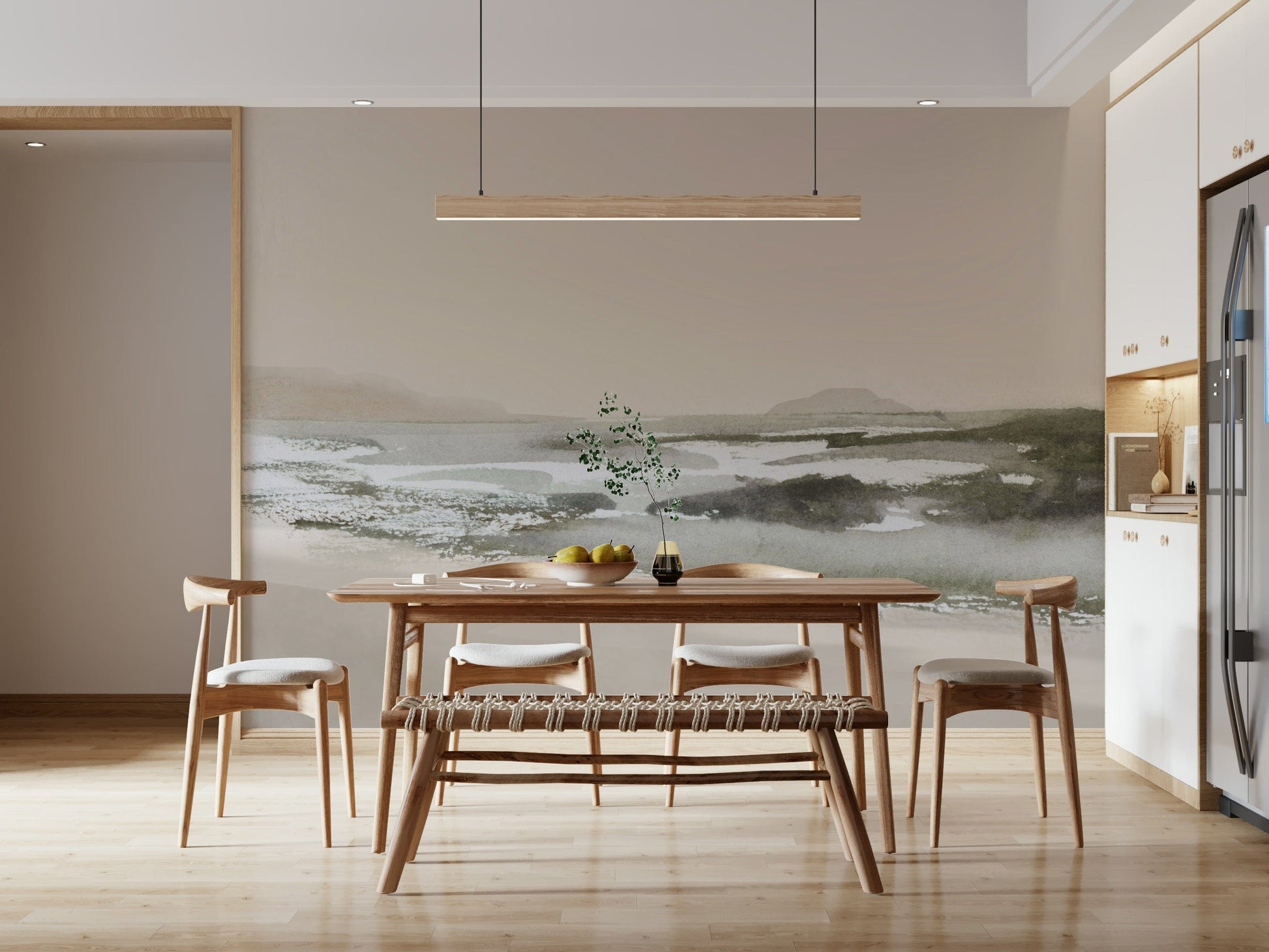 A peaceful modern abstract mural on decorative wallpaper.
