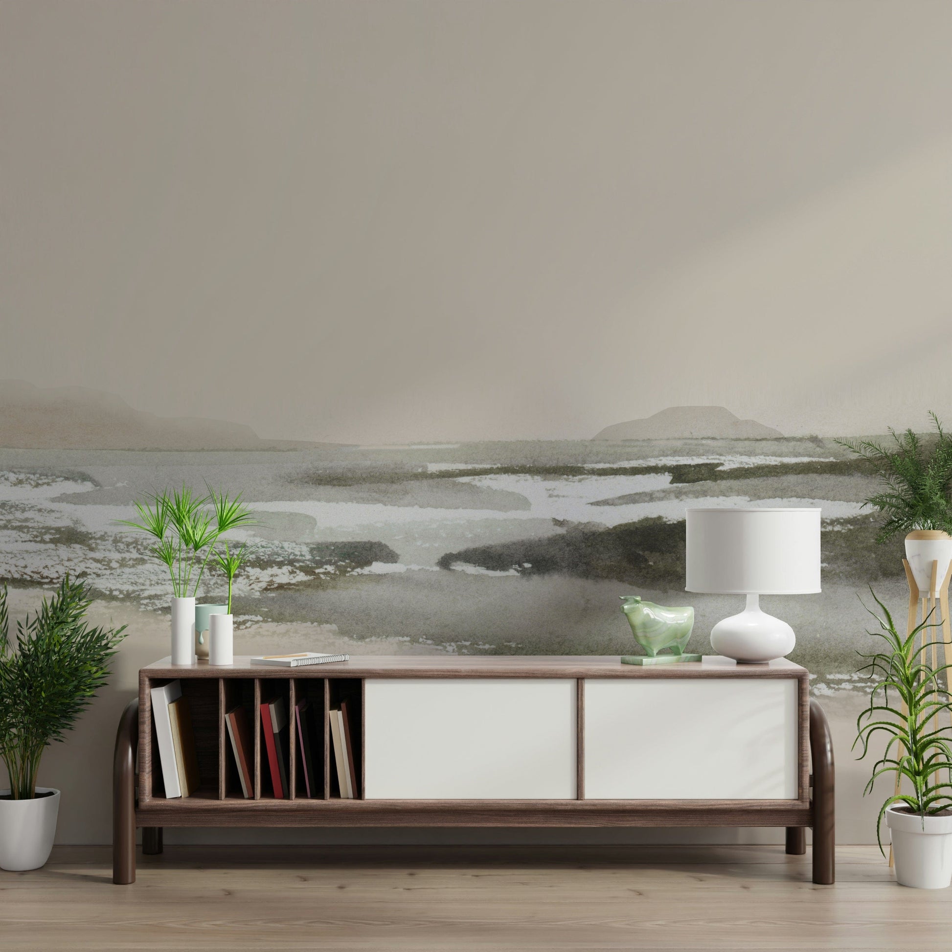 An artistic fluid pattern mural on minimalist wallpaper.