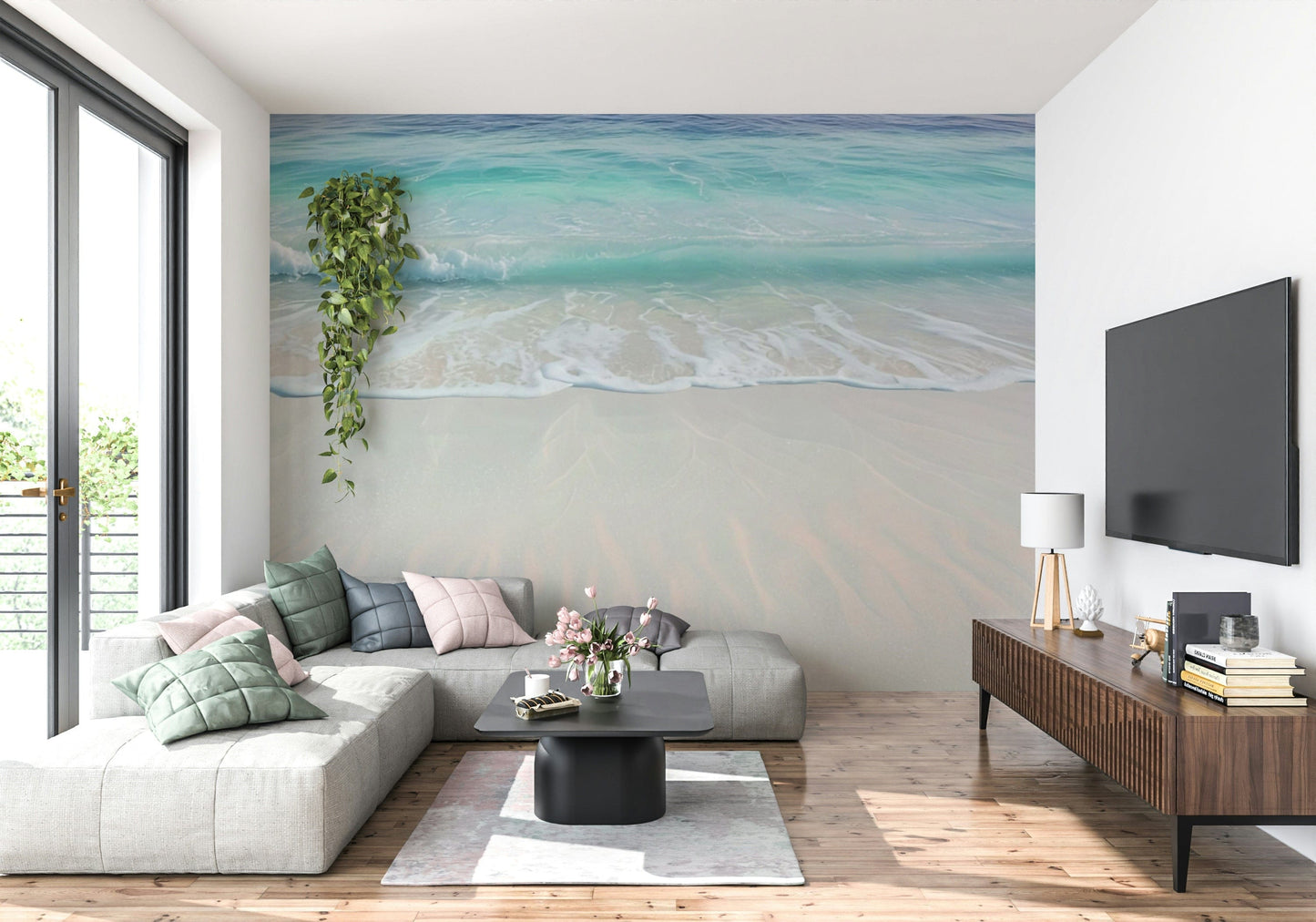 Minimal lounge with coastal mural wallpaper, neutral sofa, airy seaside scene