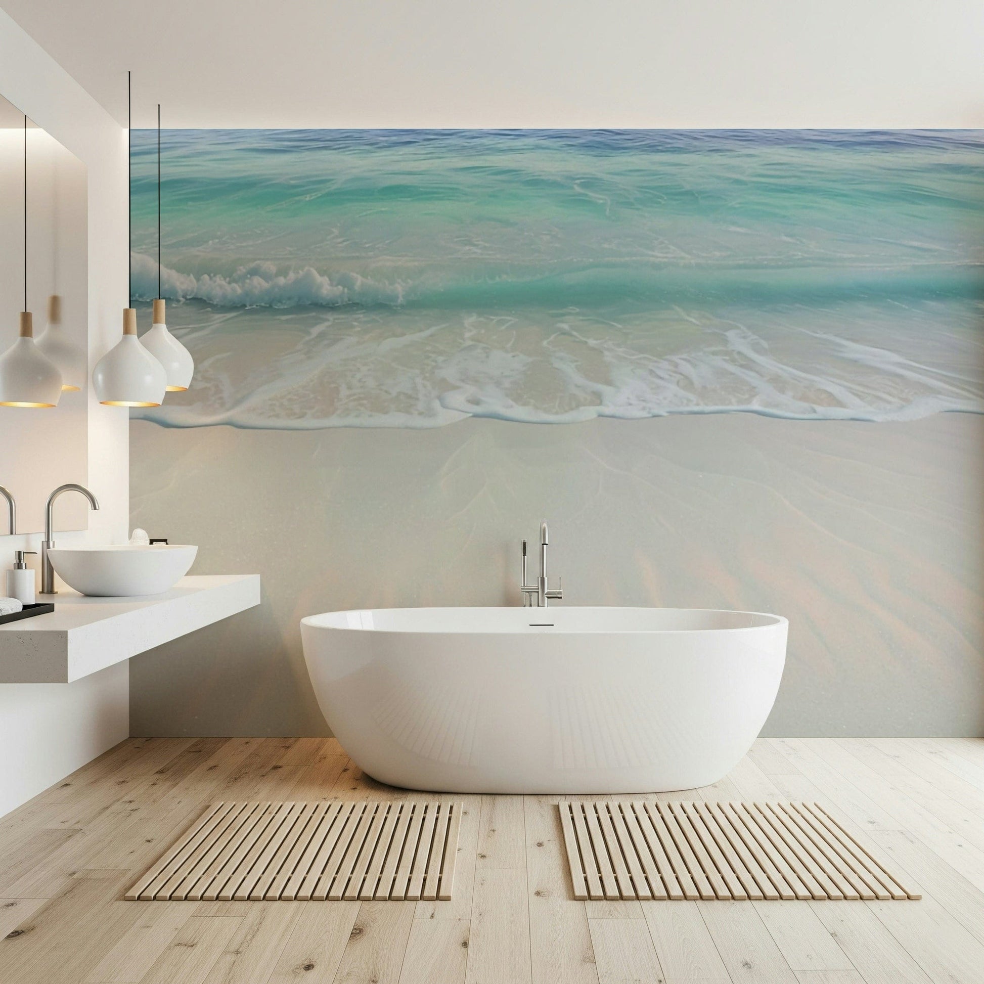 Bathroom wall with coastal mural, spa-style décor, soft ocean colours, clean look