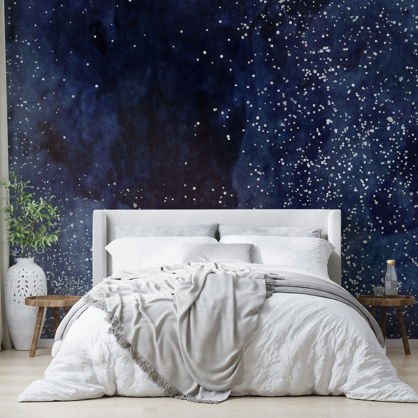 Elegant cobalt blue galaxy wall mural for a sophisticated vibe.

