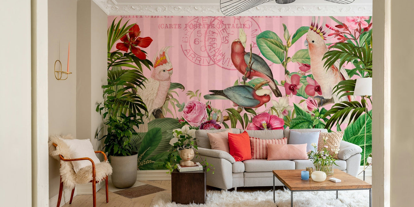 Full view of cockatoos and exotic flora mural

