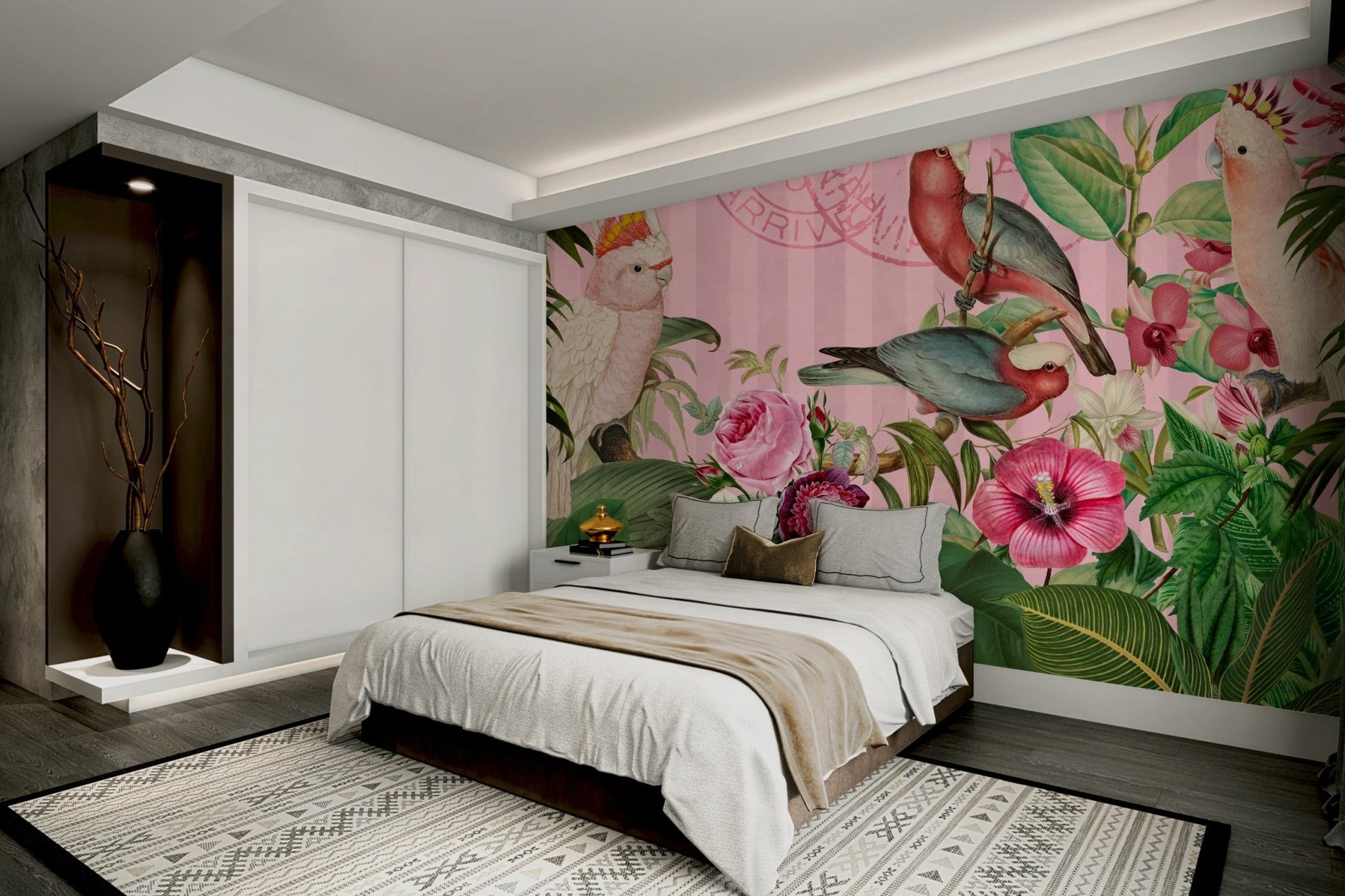 Playful bird and flower wallpaper design

