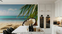Neutral colored tropical forest wallpaper for an office feature wall with wood desks.
