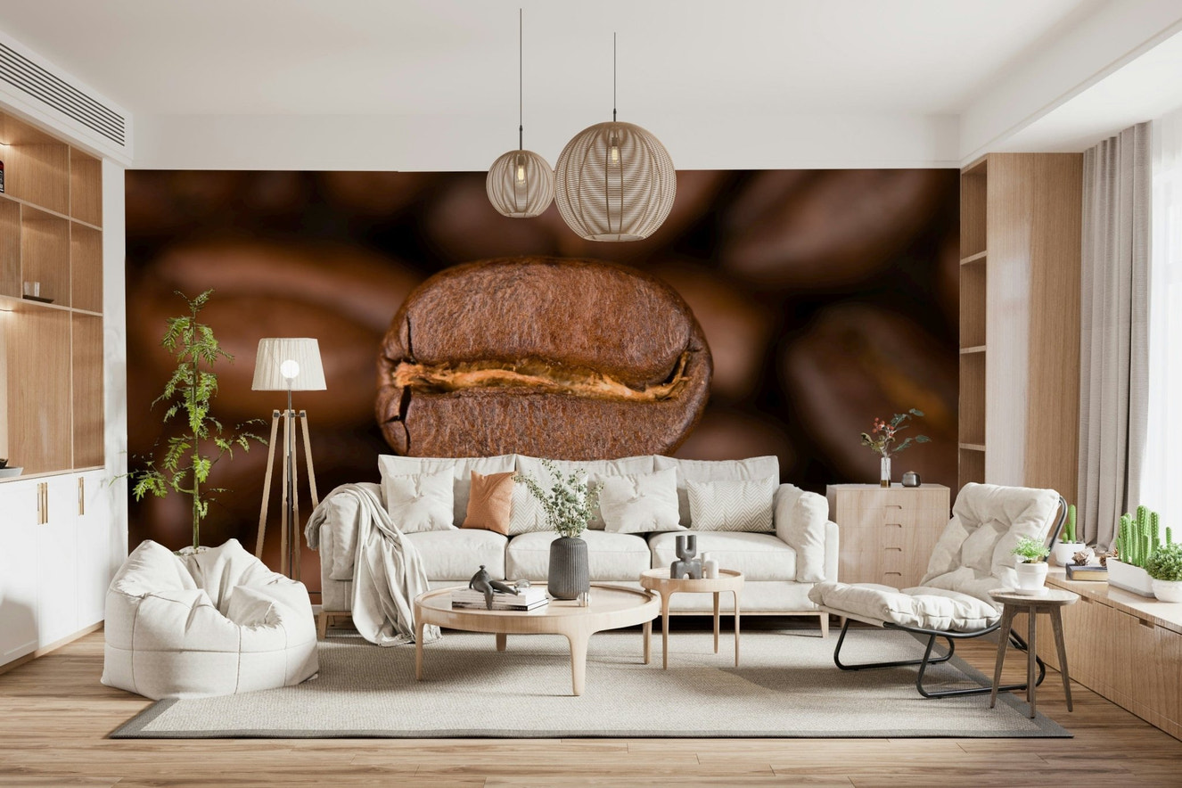 This wallpaper creates a rich, immersive atmosphere with a macro shot of roasted coffee beans in sharp detail.