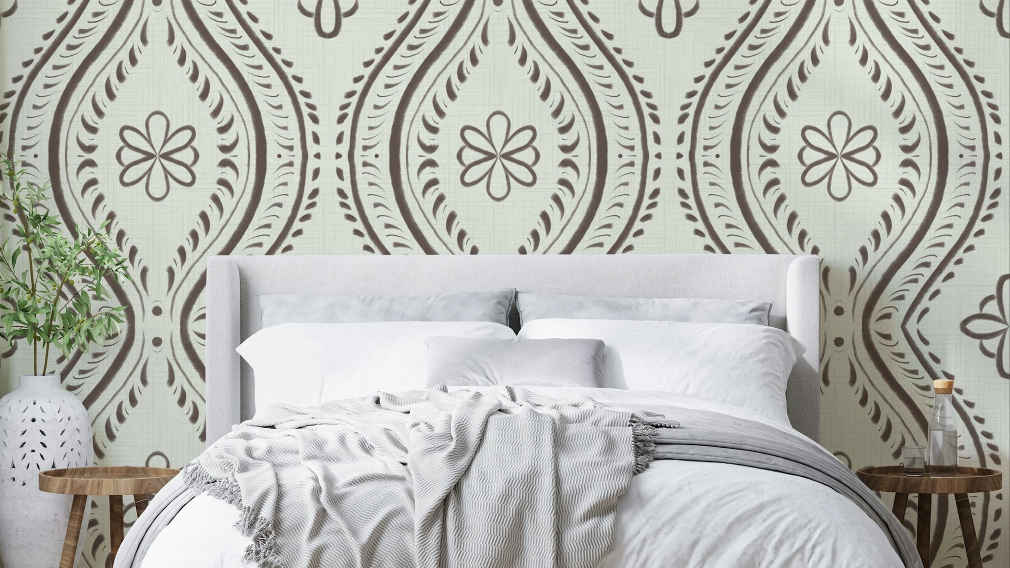 Faded Ogee Damask wallpaper in coffee quartz

