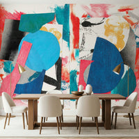 Abstract Collage Wall Mural – Dynamic design with overlapping circles, rectangles, and irregular shapes in blue, pink, teal, black, and yellow.