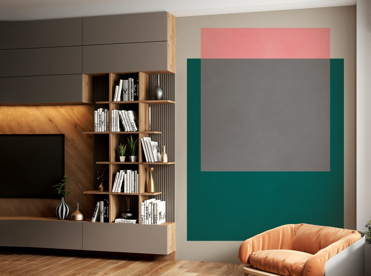 The design features large blocks of color.

