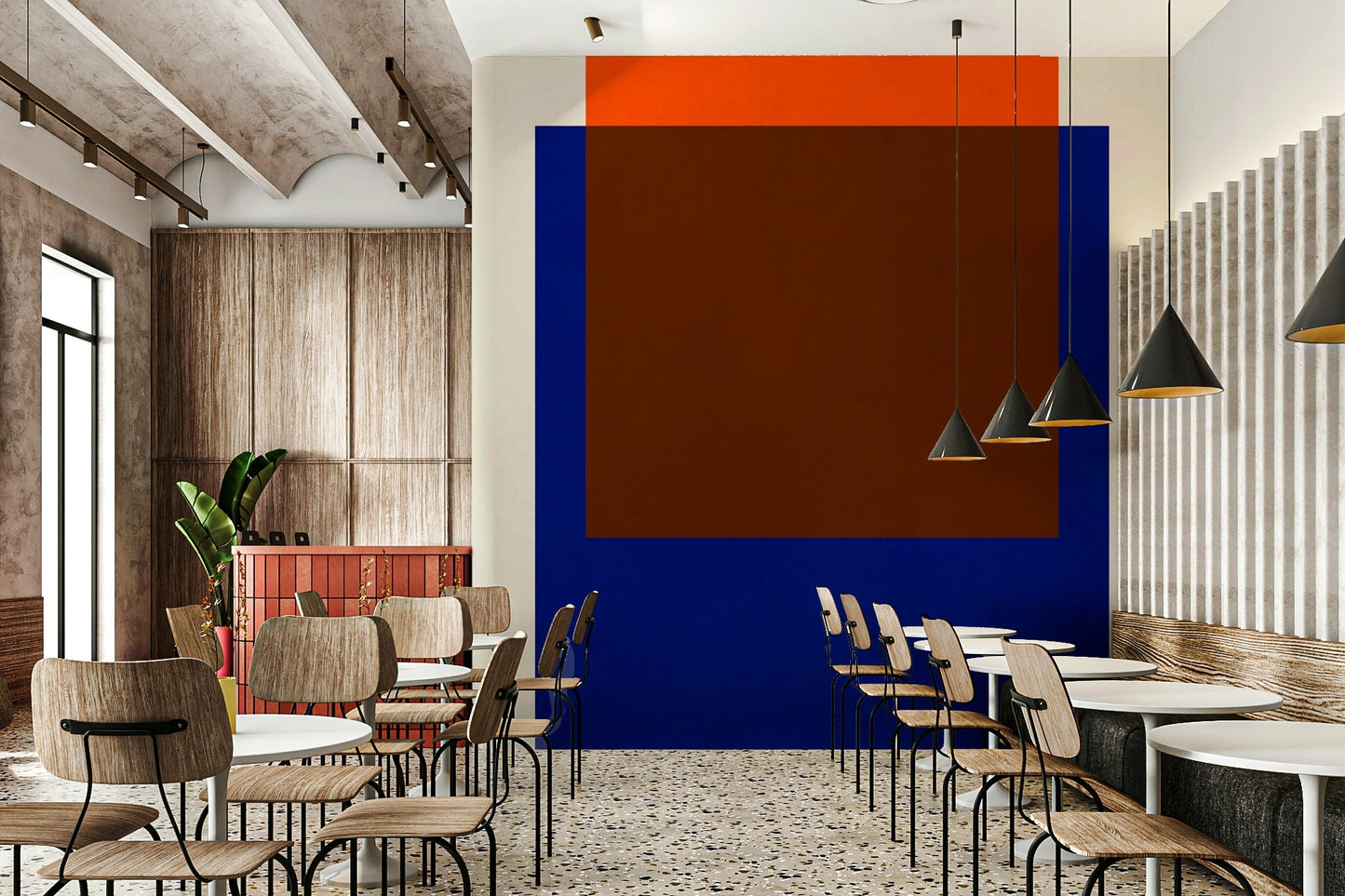 The design features large blocks of color.

