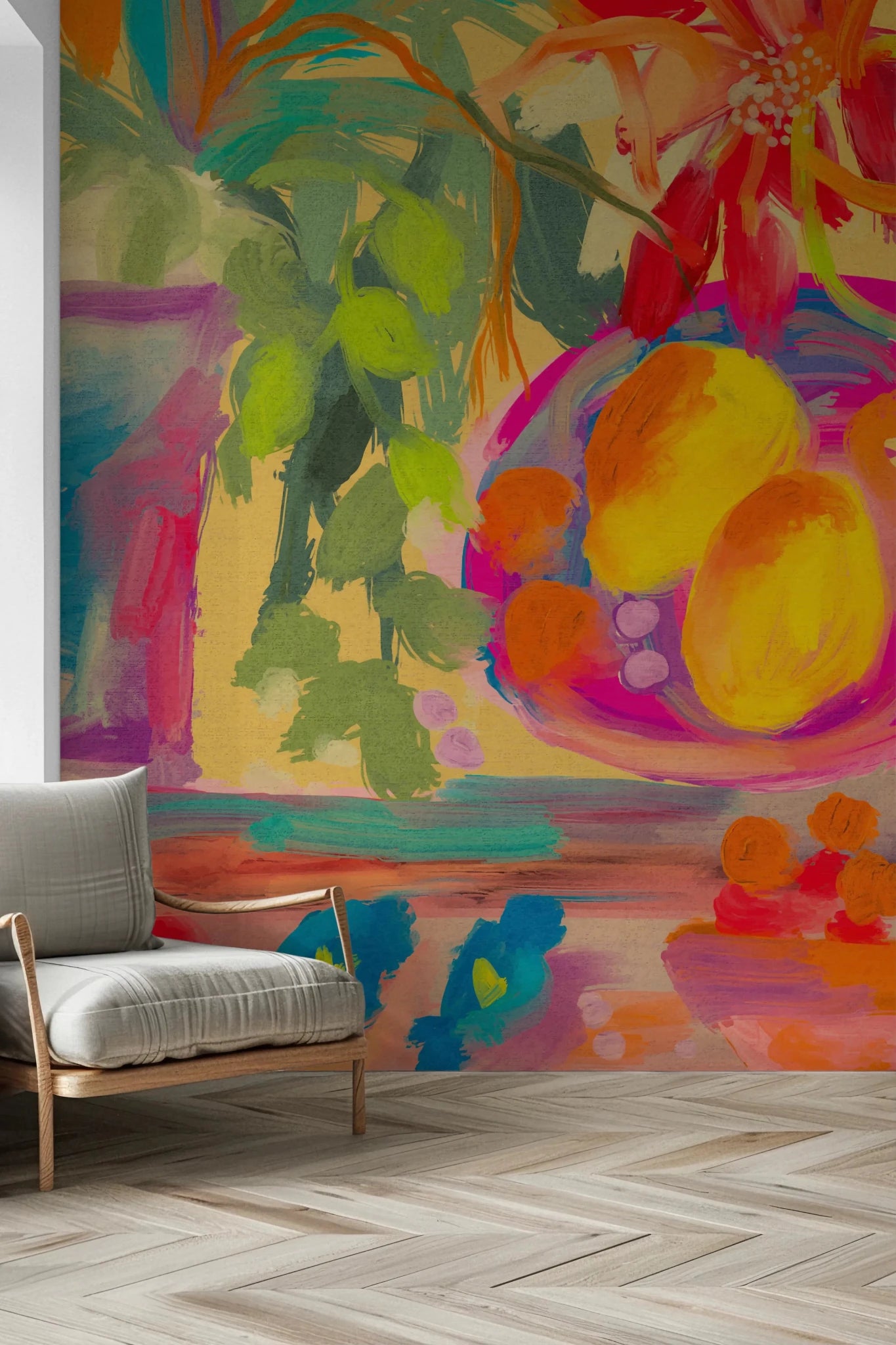 Colorful Abstract Stillife with Flowers and Lemons Wall Mural
