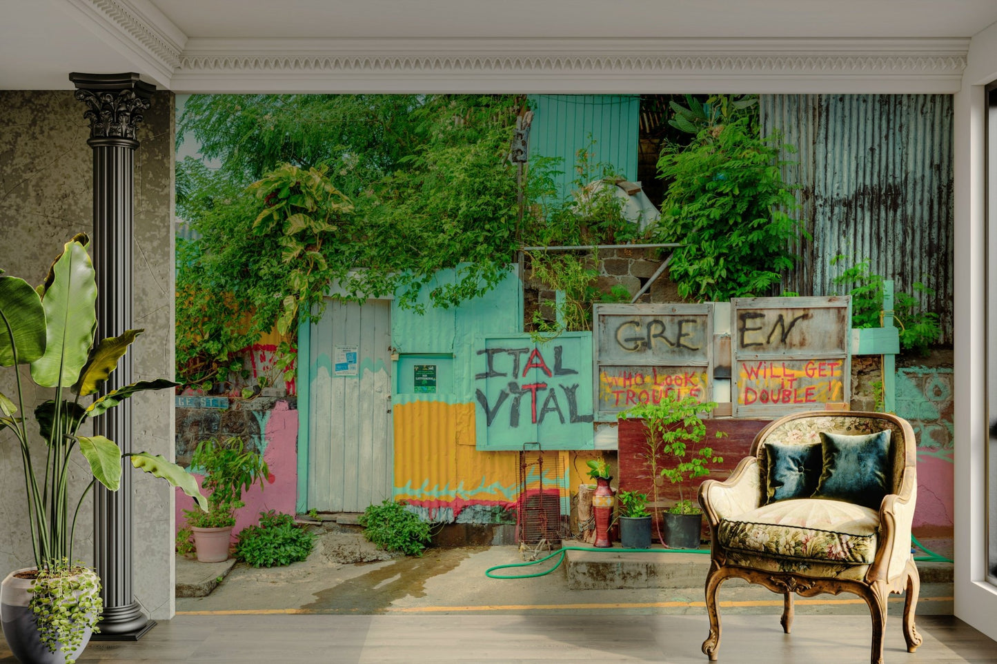 Wall mural with a bohemian and artistic feel.

