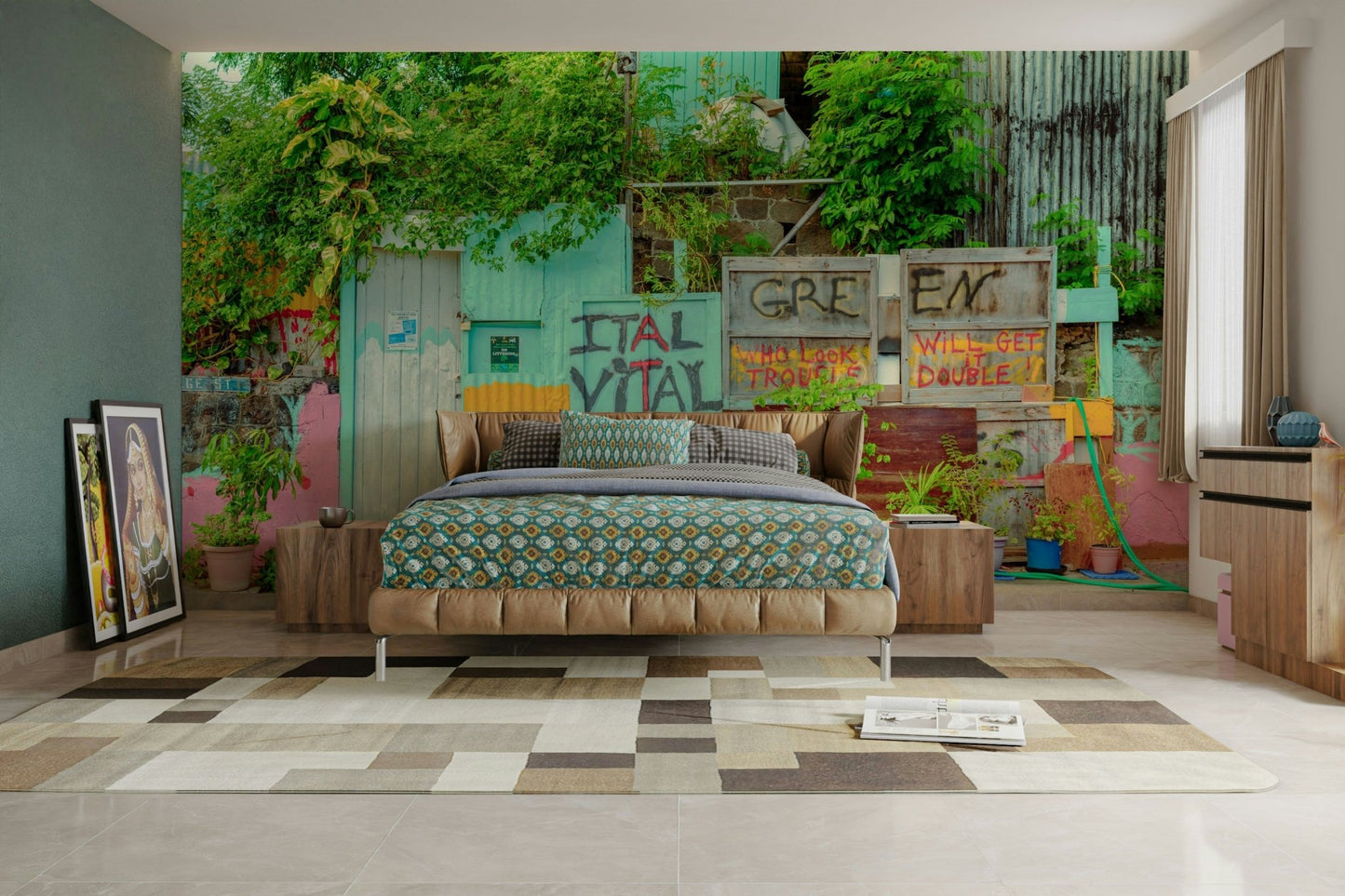 Scene with a mix of colorful walls and green plants.

