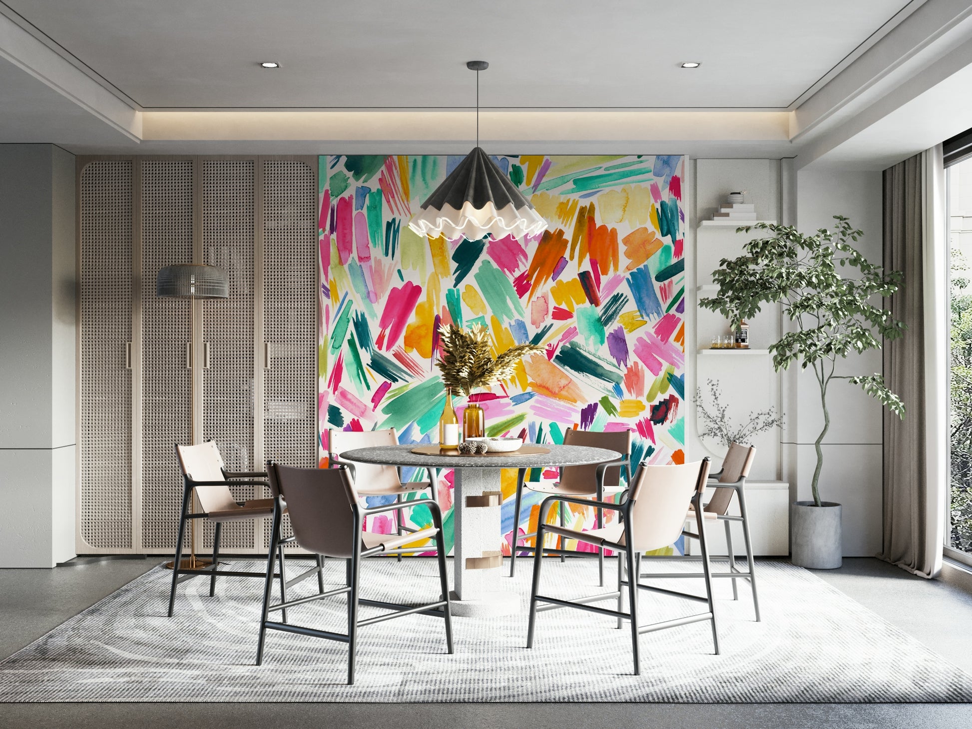 Painted brushstroke mural in multicolor abstract style

