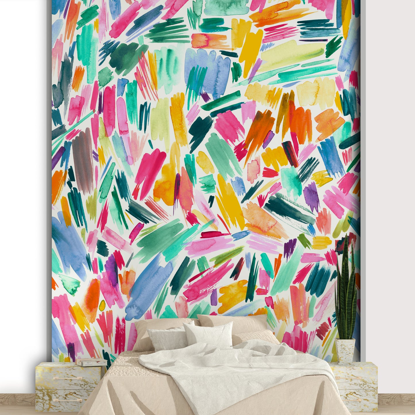 Vibrant brushstroke design mural for statement walls

