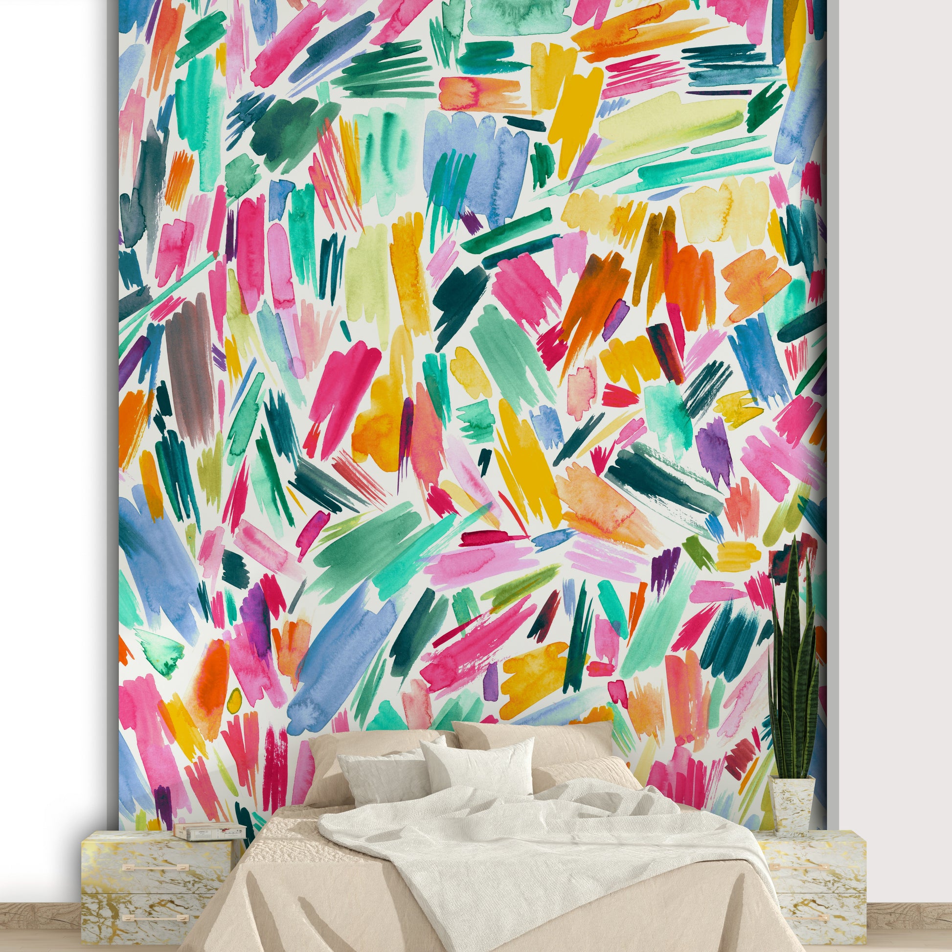 Vibrant brushstroke design mural for statement walls


