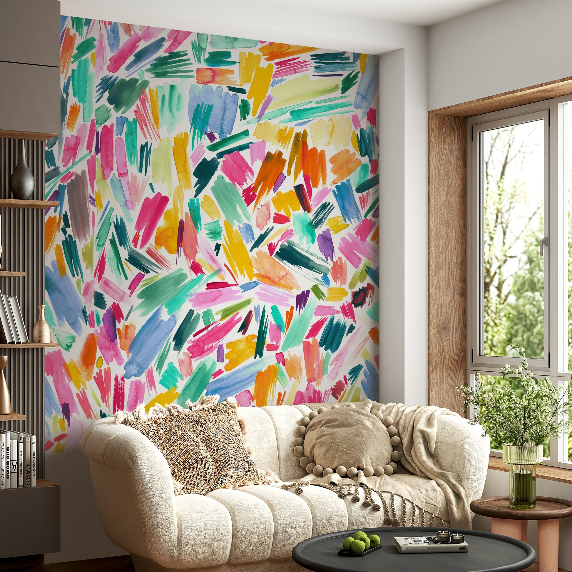 Modern abstract mural with painted brush lines

