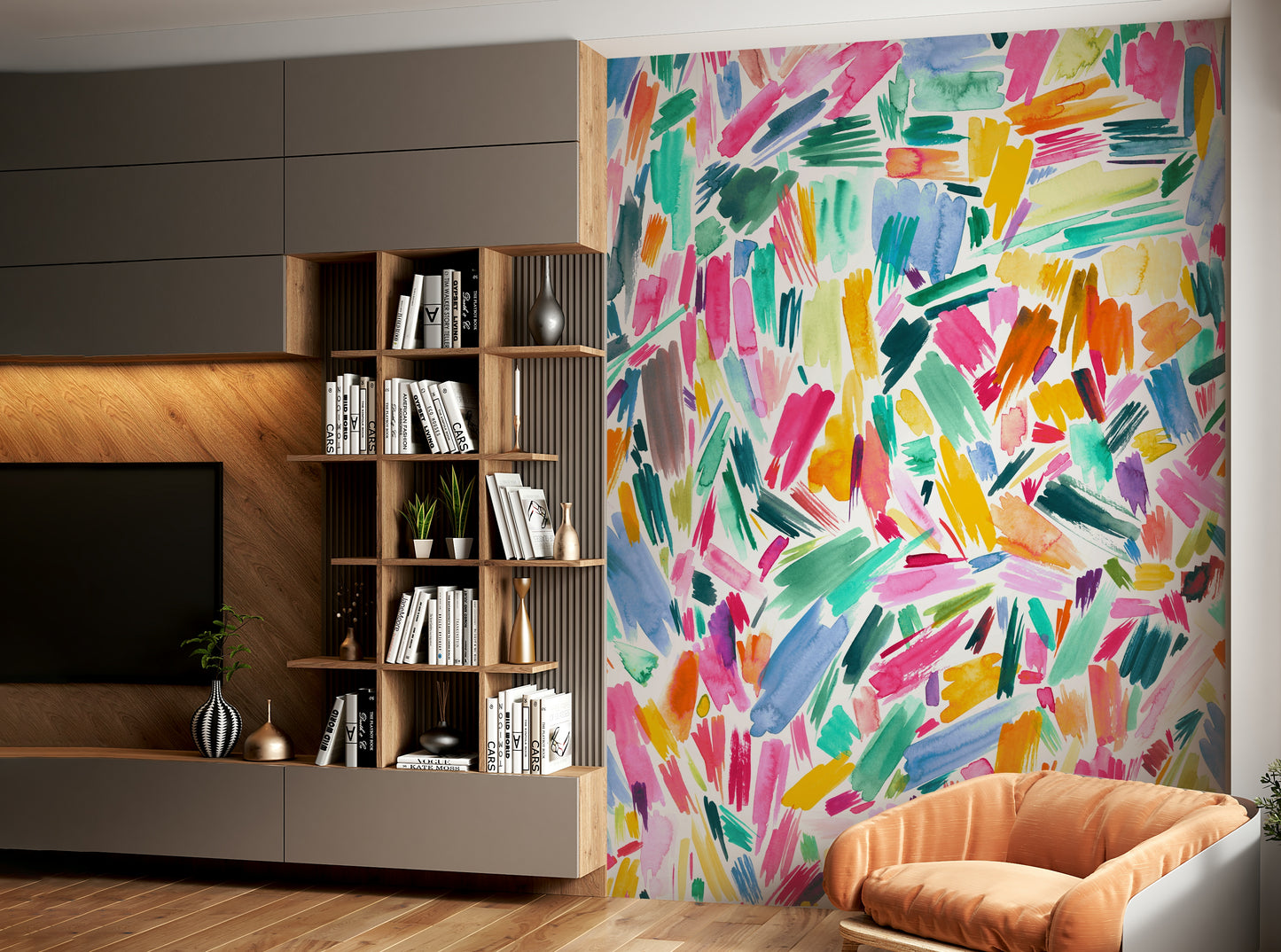 Colorful abstract wall mural with brushstroke art

