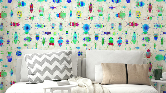 Colorful Bugs wallpaper on blue pearl background

