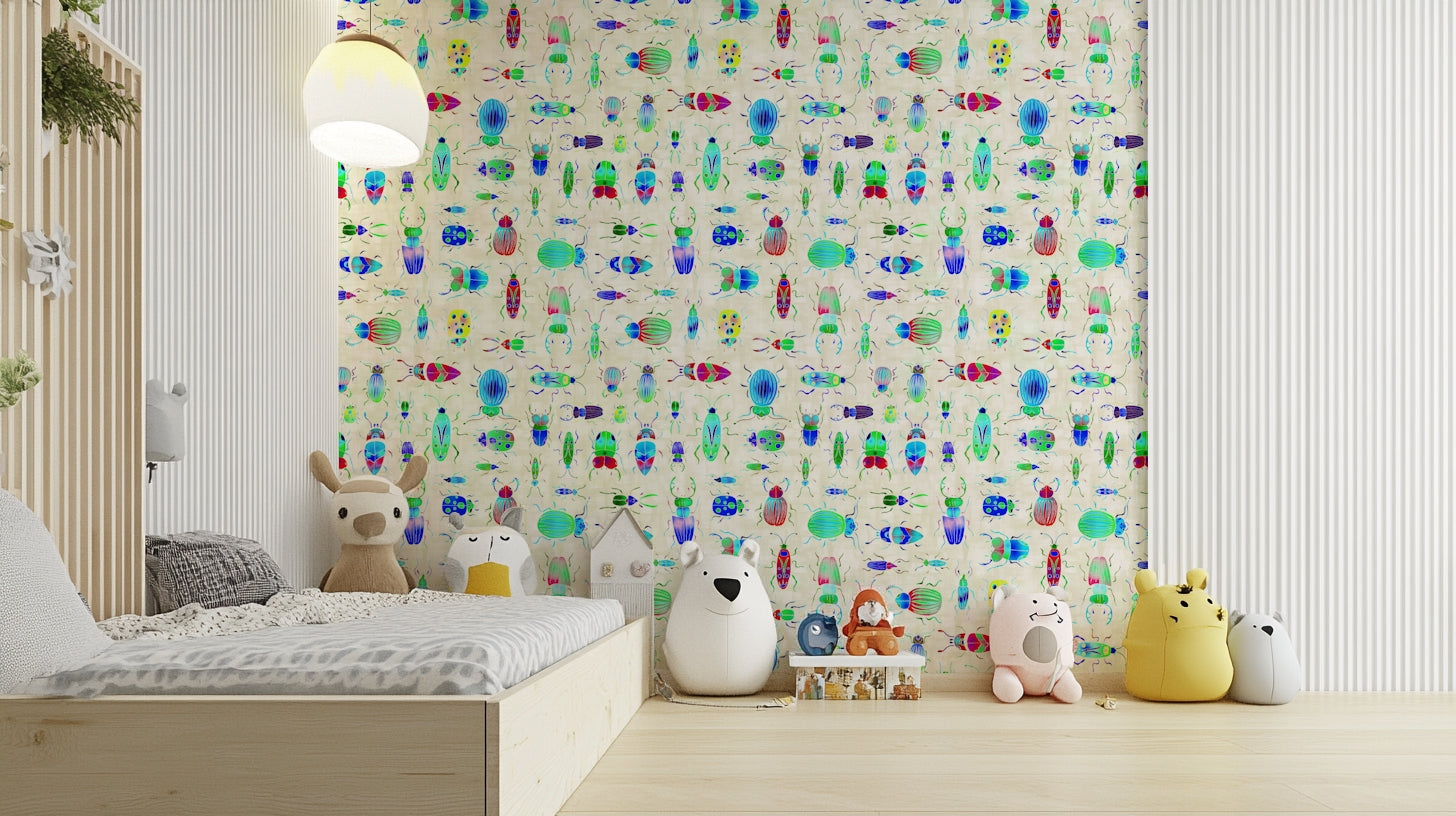 Whimsical bug-themed wallpaper for feature wall

