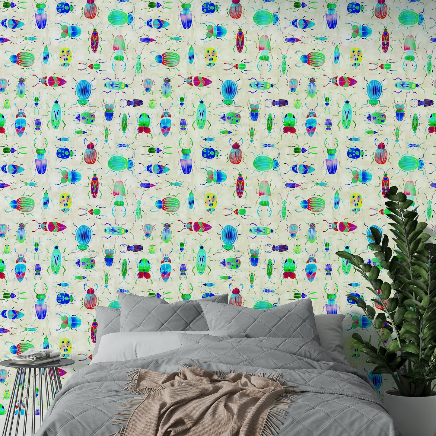 Soft blue wallpaper with vibrant insect illustrations

