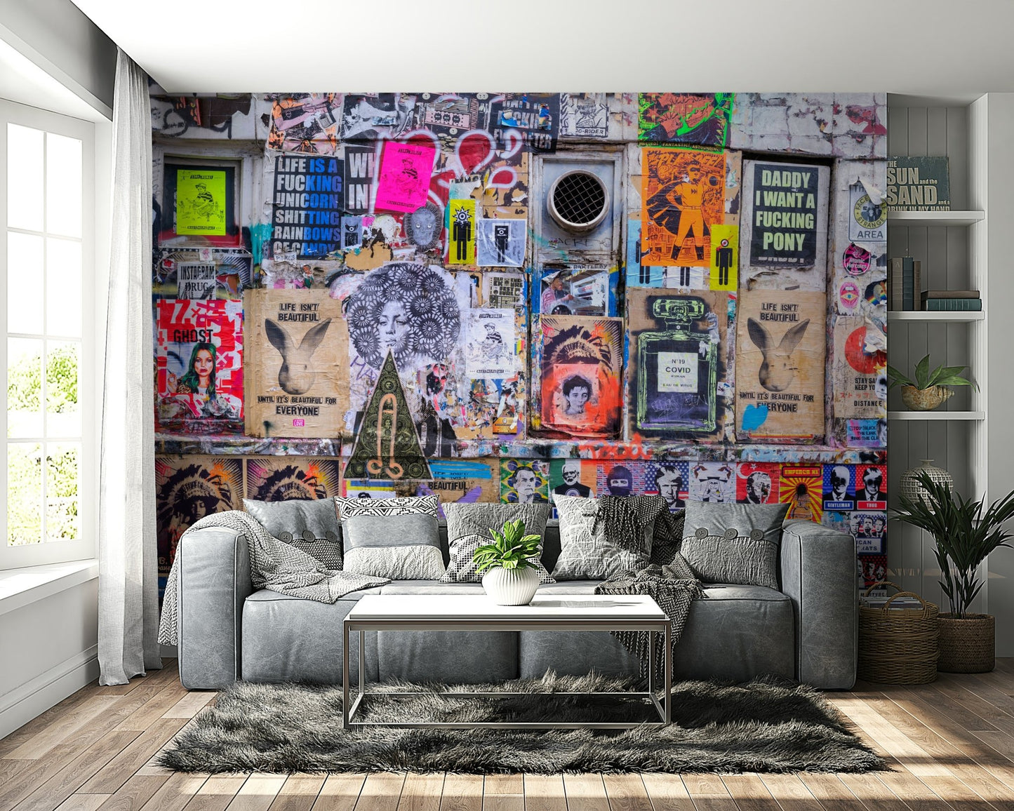 Mural wallpaper with mixed media artwork

