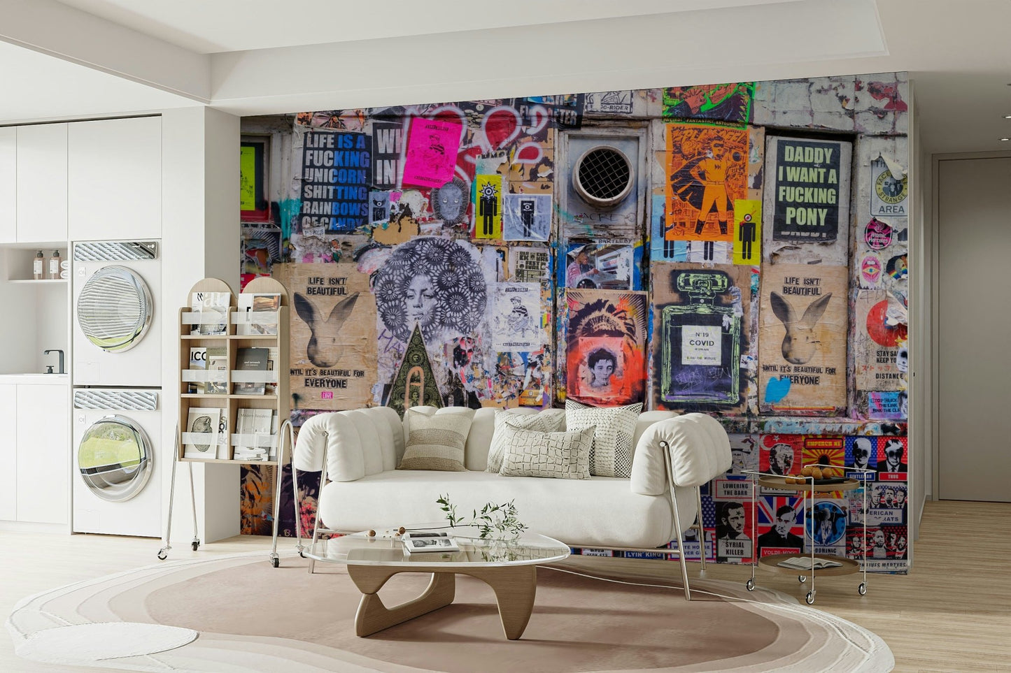 Grunge wall mural with bold graphics

