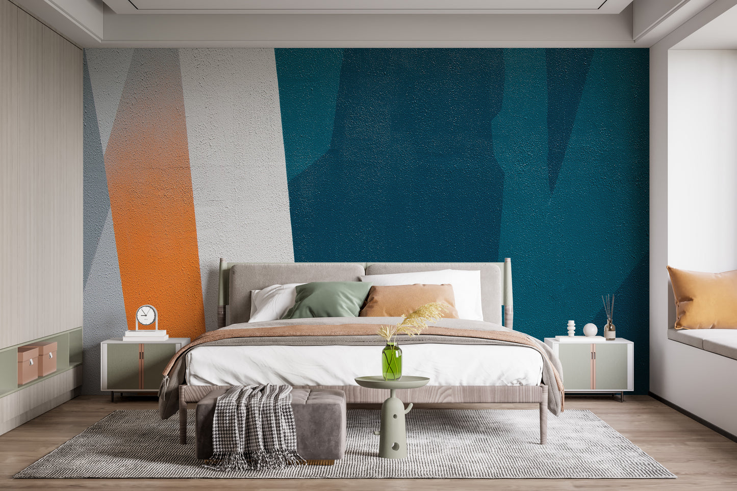 Contemporary colorful wallpaper with bold abstract shapes.