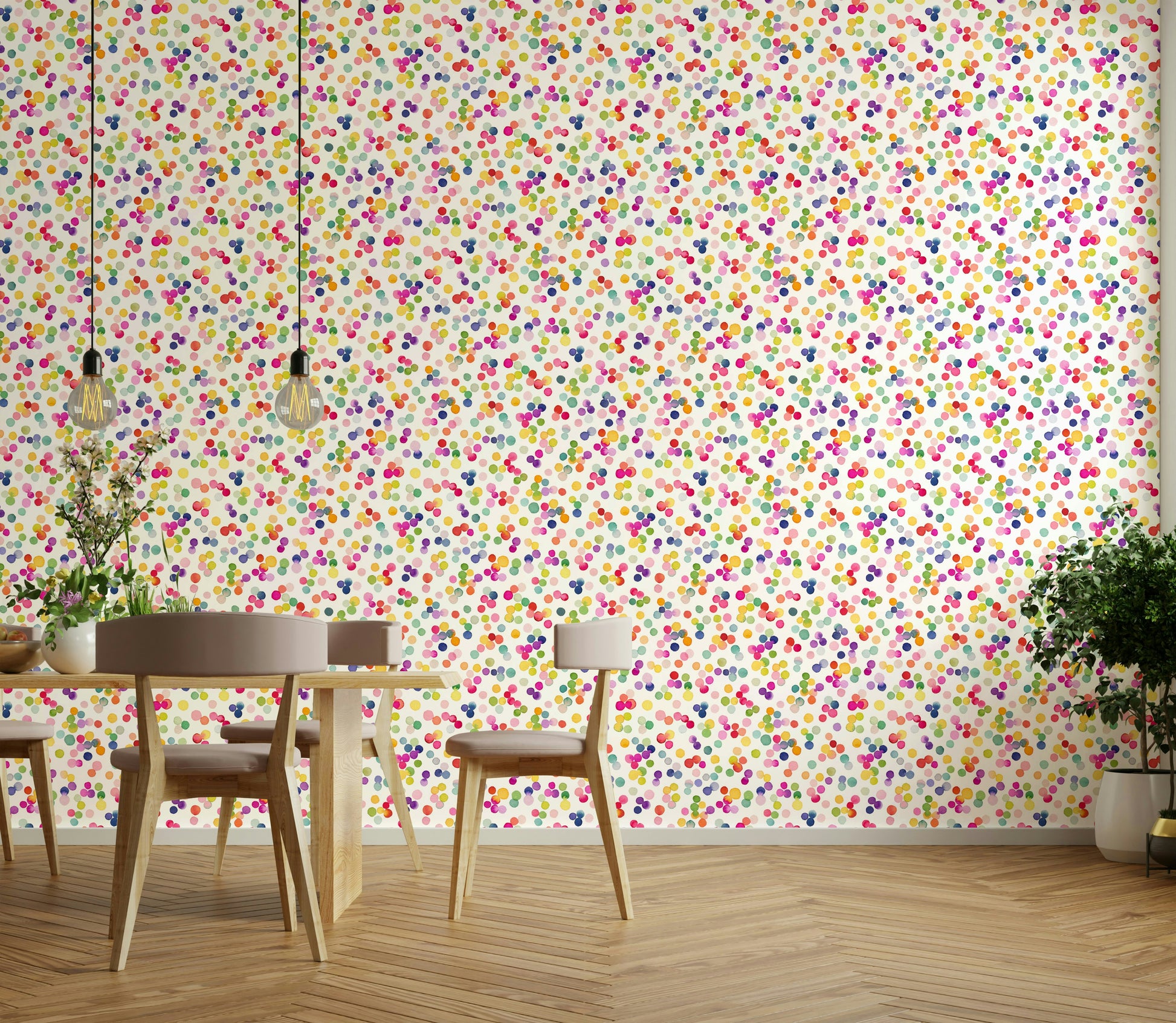 Fun wallpaper with rainbow dots on white background

