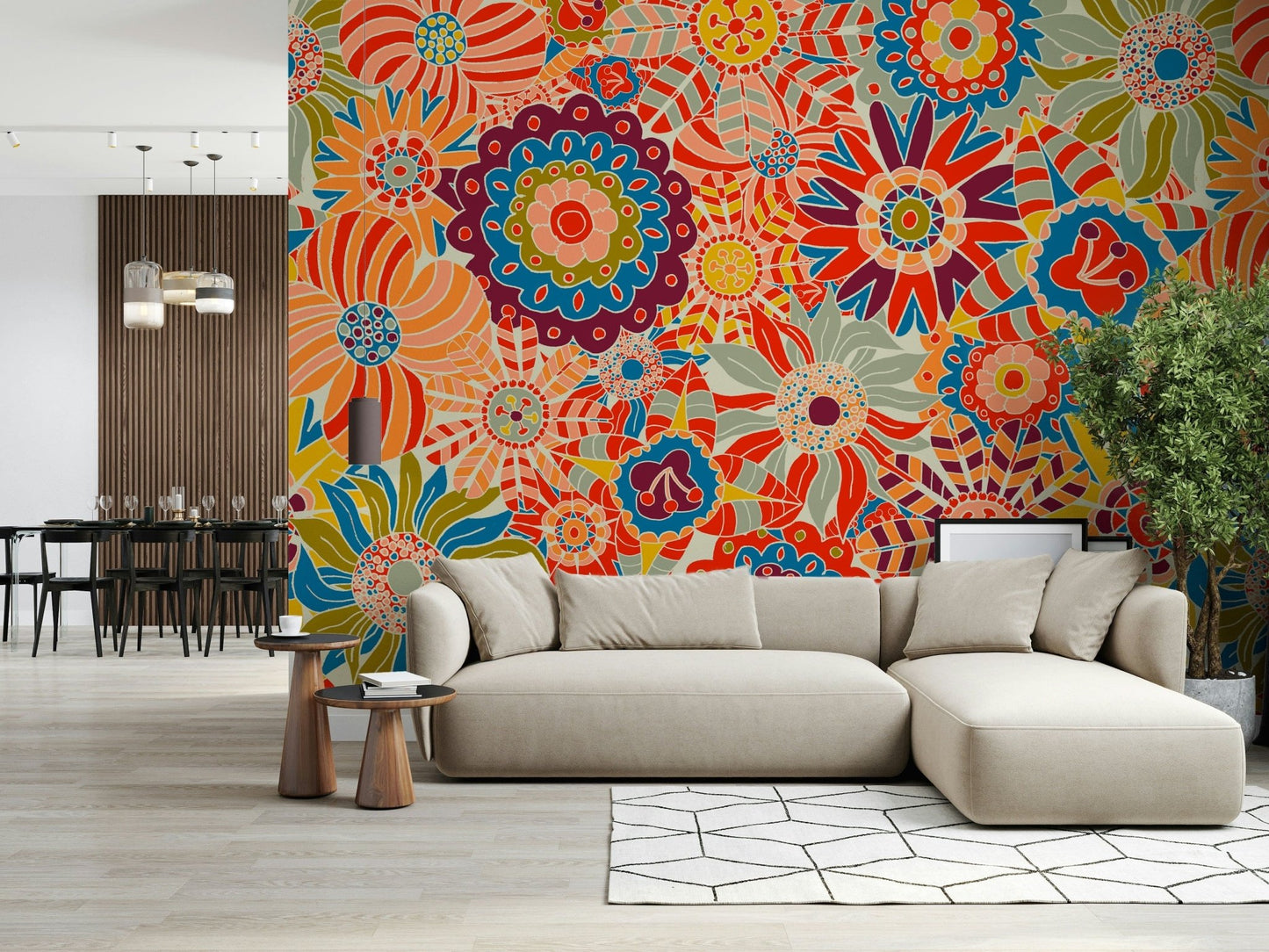Vibrant peel and stick wallpaper, retro flower pattern, lively colors.
