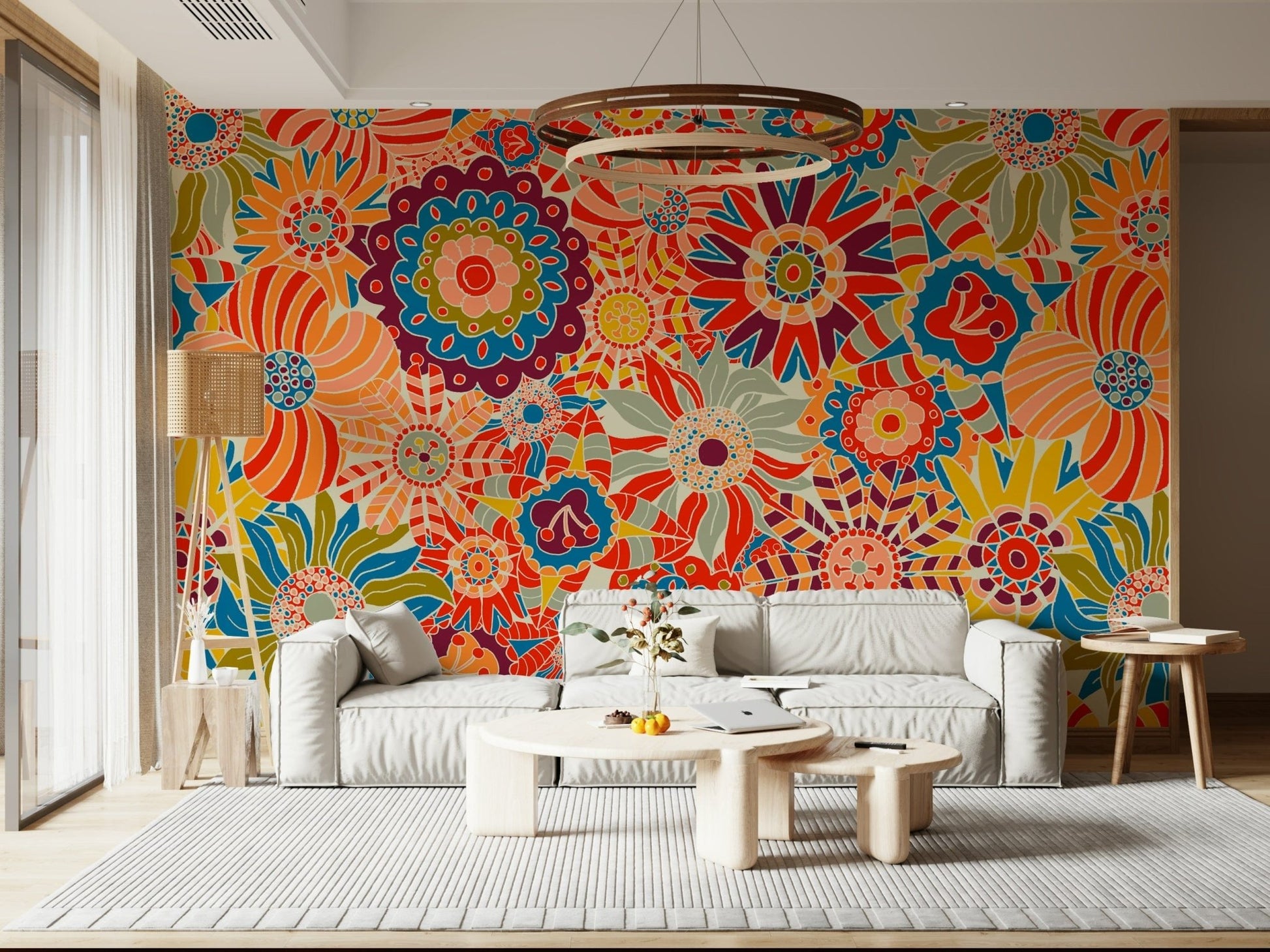 Colorful Groovy Blooms bright, energetic abstract floral pattern, wall mural.