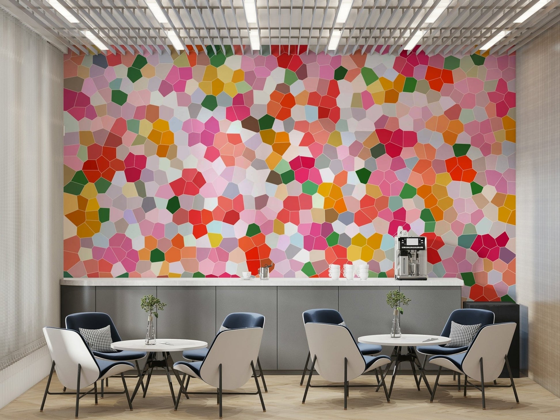 Composed of many small, colorful geometric shapes.
