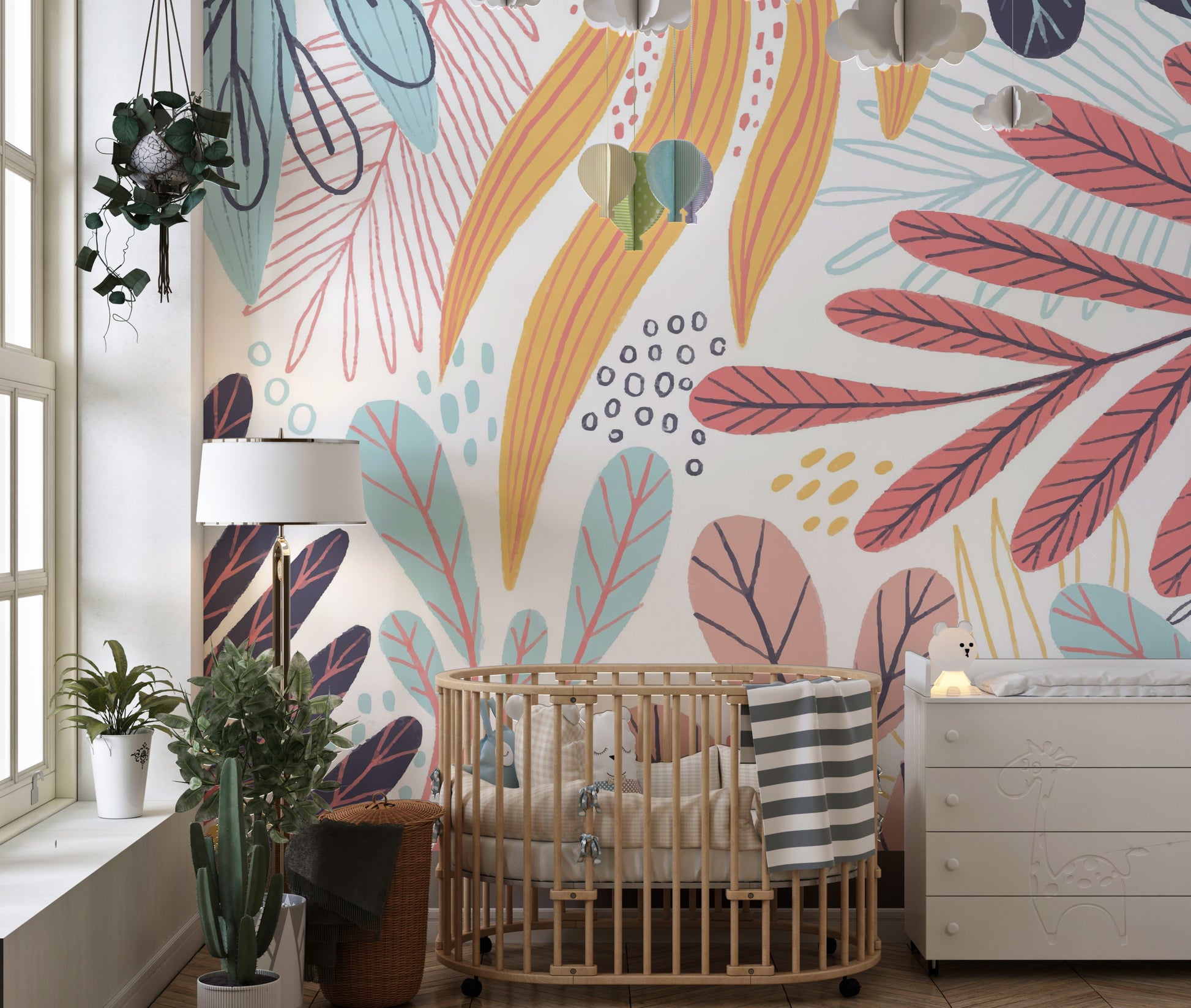 Whimsical leaves mural with vibrant colors for unique spaces.
