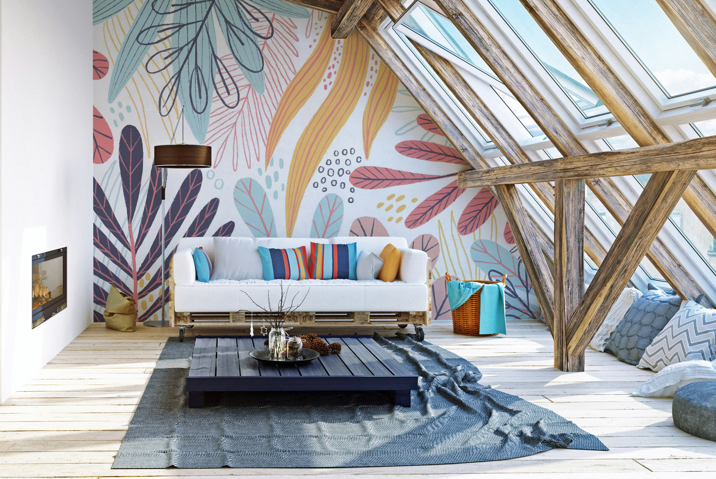 Dynamic colorful leaves wallpaper for a playful wall design.
